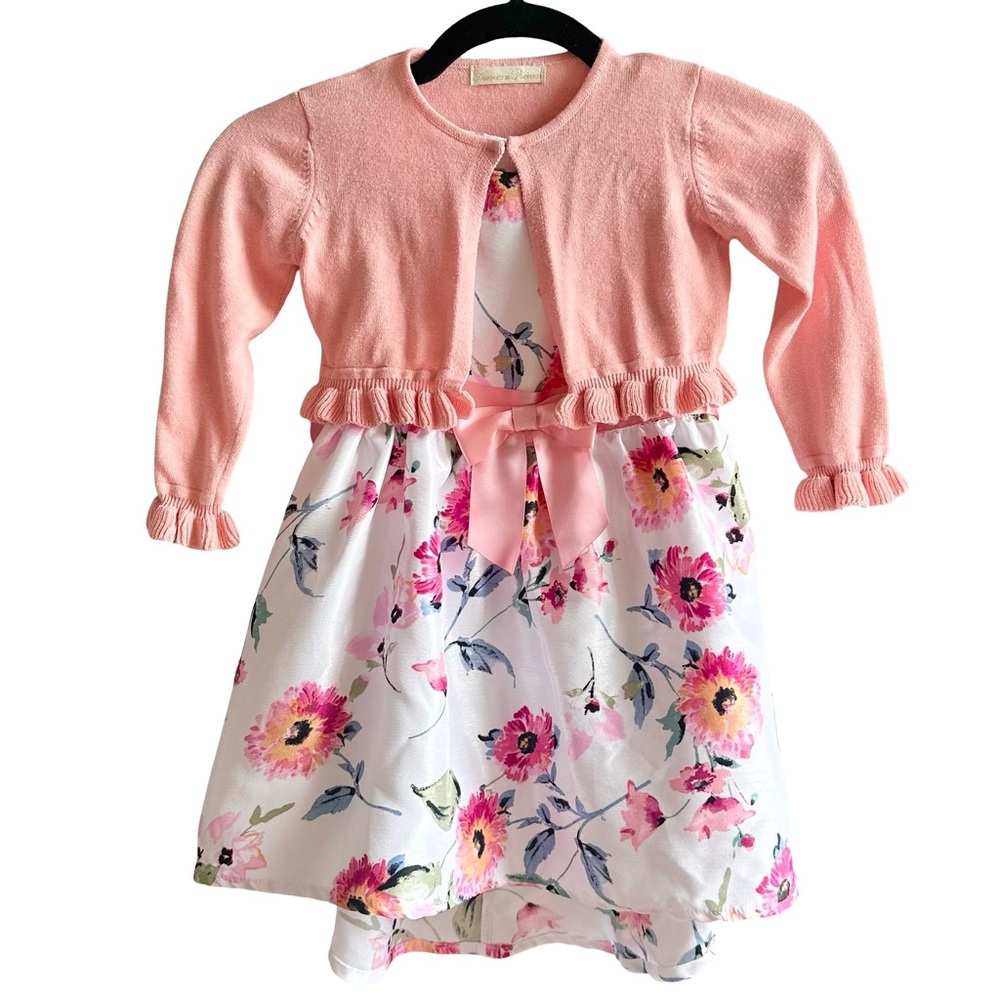 4T Girls white floral formal spring Easter dress w/bow  matching cardigan 2 pc